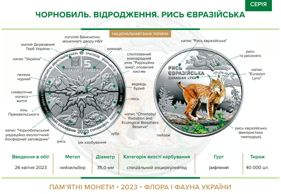 монета "Чорнобиль. Відродження. Рись євразійська"